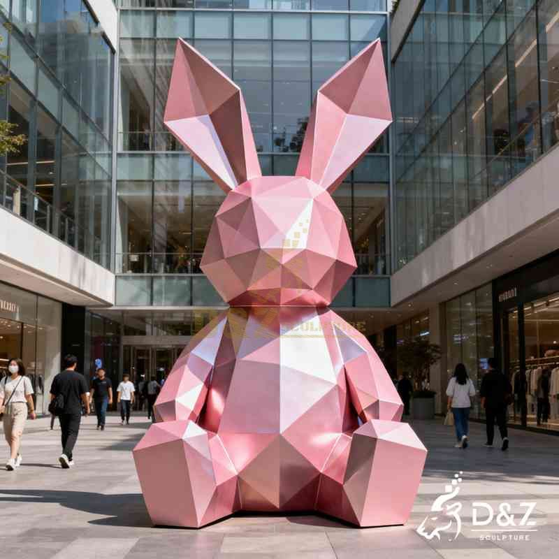 Giant Modern Geometric Metal Pink Rabbit Sculpture for Sale DZJ-320