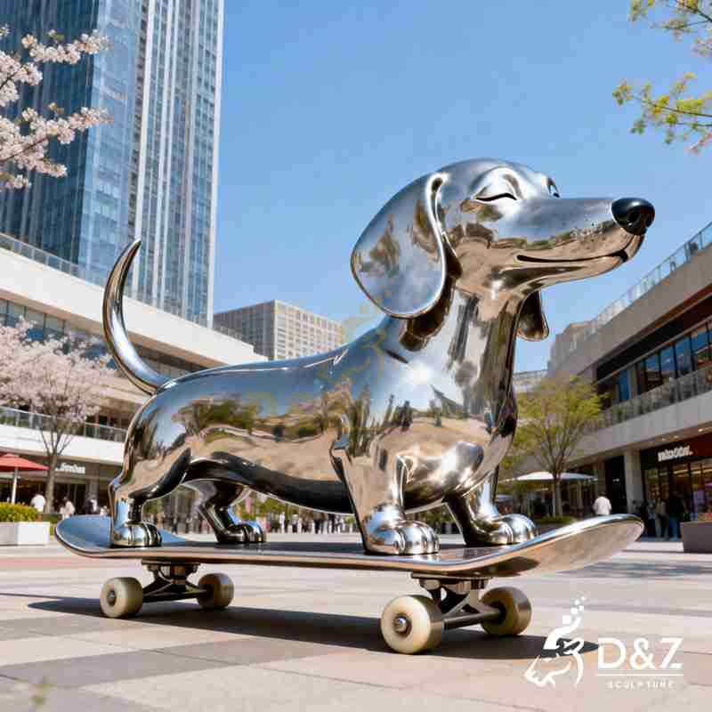 Large Metal Dachshund Sculpture | Skateboarding Dog Art DZJ-356