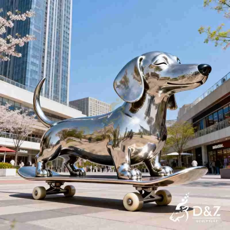 Large Metal Dachshund Sculpture | Skateboarding Dog Art DZJ-356
