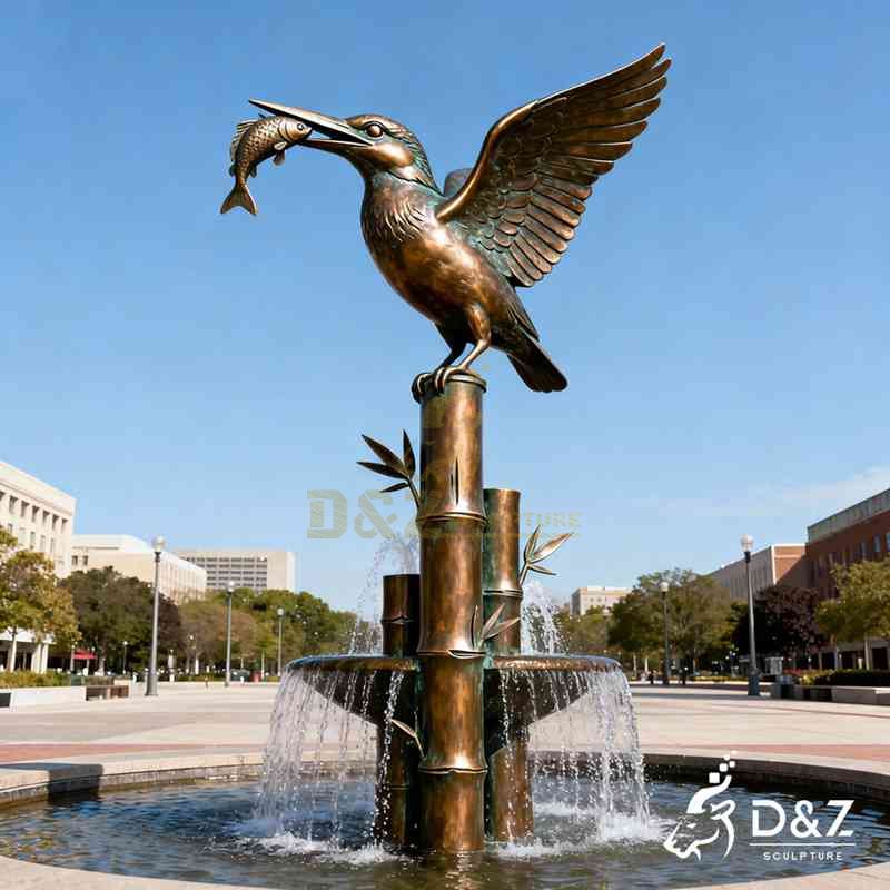 Large Outdoor Bamboo Fountain with Bronze Kingfisher Sculpture DZJ-358