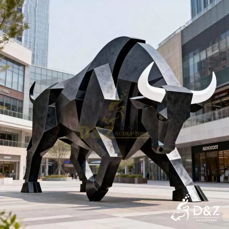Charging Black Bull Sculpture | Geometric Metal Bull DZJ-392