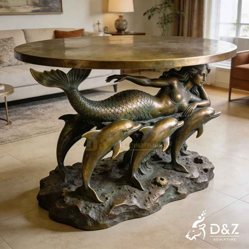 Vintage Bronze Mermaid and Dolphin Coffee Table for Sale DZJ-429