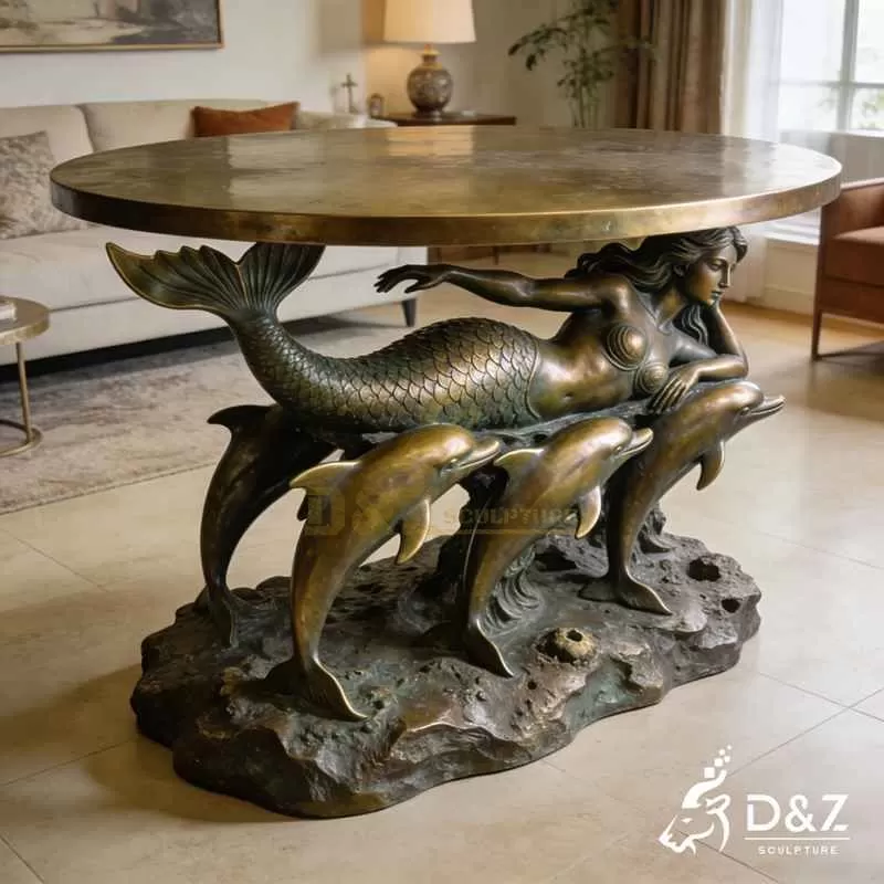 Vintage Bronze Mermaid and Dolphin Coffee Table for Sale DZJ-429