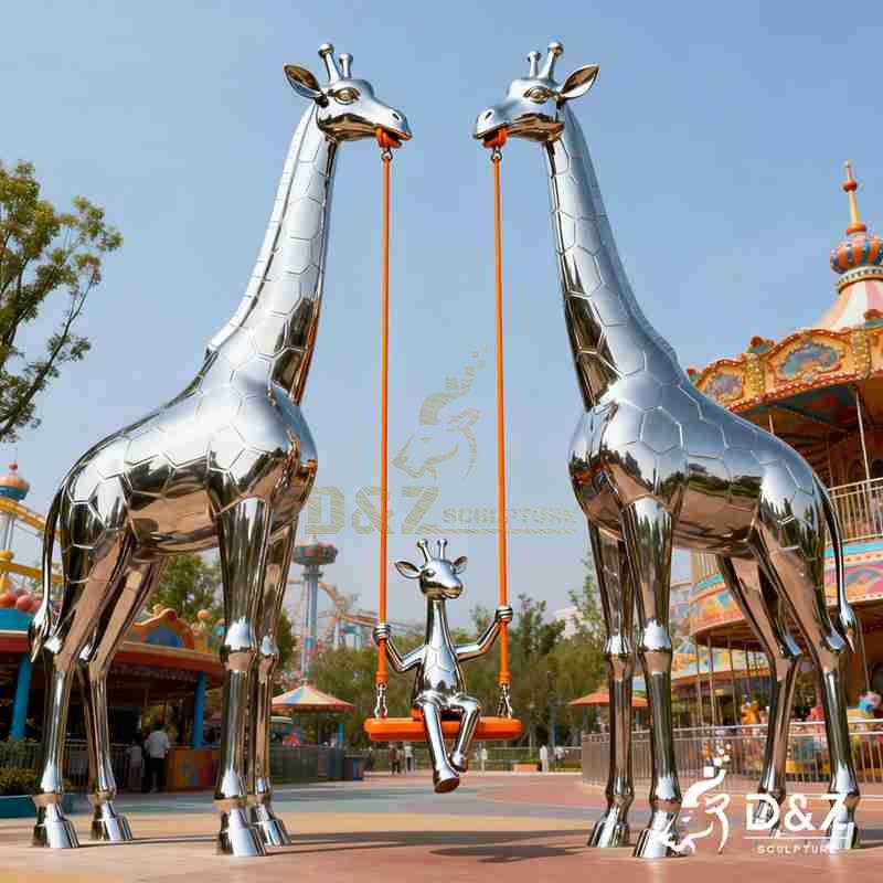 Large Metal Giraffe Family Sculpture with Swing for Oudoor DZJ-503