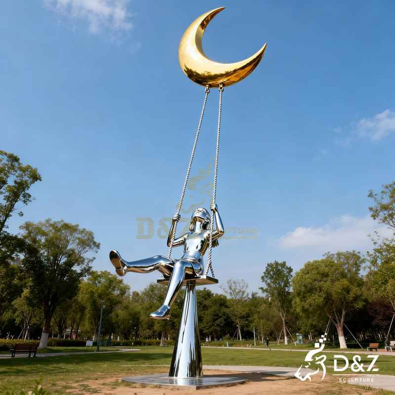 Large Modern Metal Girl on a Swing Sculpture with Moon DZJ-505