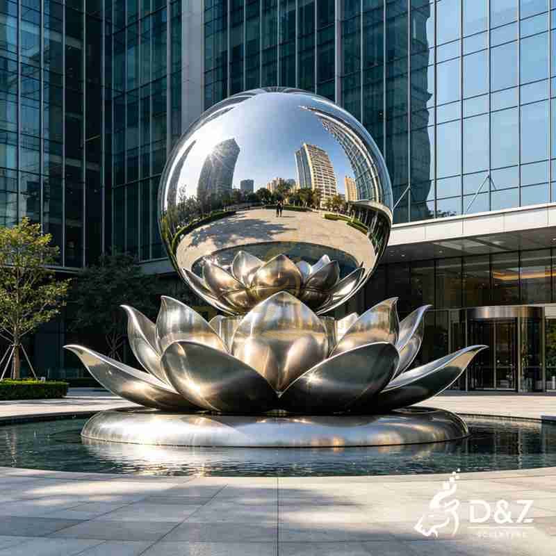 Metal Lotus Sculpture with Sphere for Garden DZJ-521