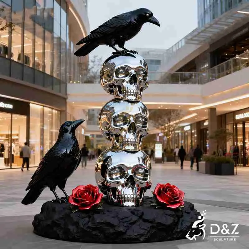 Metal Skull Art Sculpture with Raven Decor DZJ-524