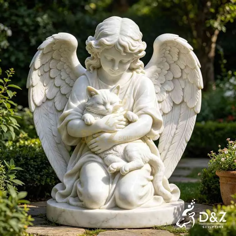Angel Holding Cat Garden Statue | Large White Marble Kneeling Angel DZJ-536