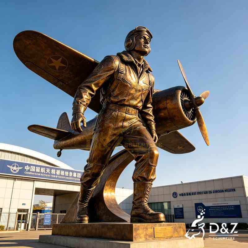 Bronze Pilot Statue with Fighter Jet Sculpture DZJ-550