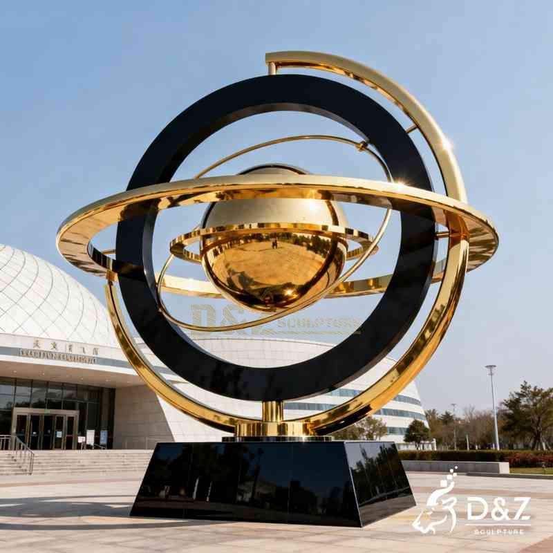 Modern Metal Celestial Planet Sculpture in Black and Gold Art DZJ-556