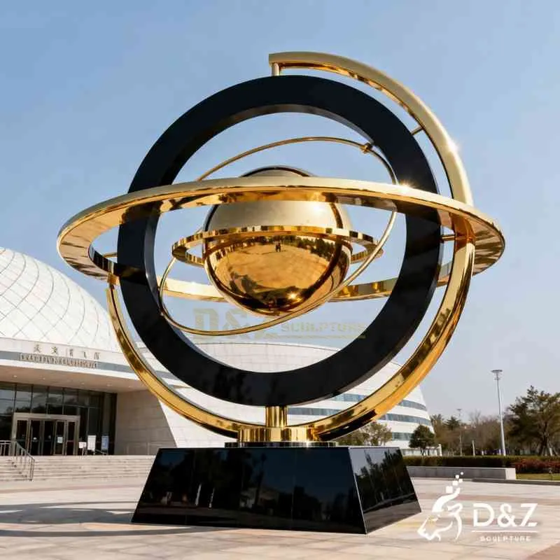 Modern Metal Celestial Planet Sculpture in Black and Gold Art DZJ-556