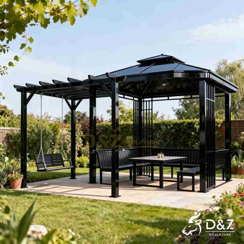 Outdoor Black Metal Gazebo With Swing and Table for Backyard DZJ-581
