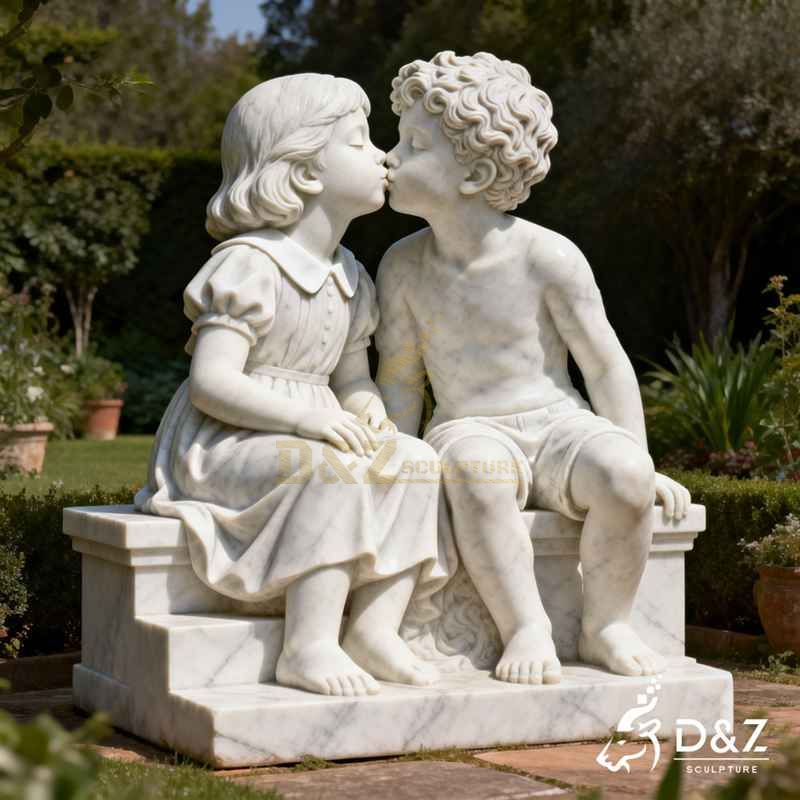 Garden statues boy and girl kissing on bench 2
