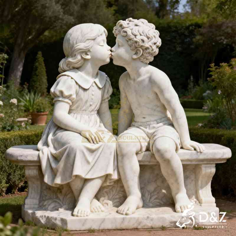 Garden statues boy and girl kissing on bench 4