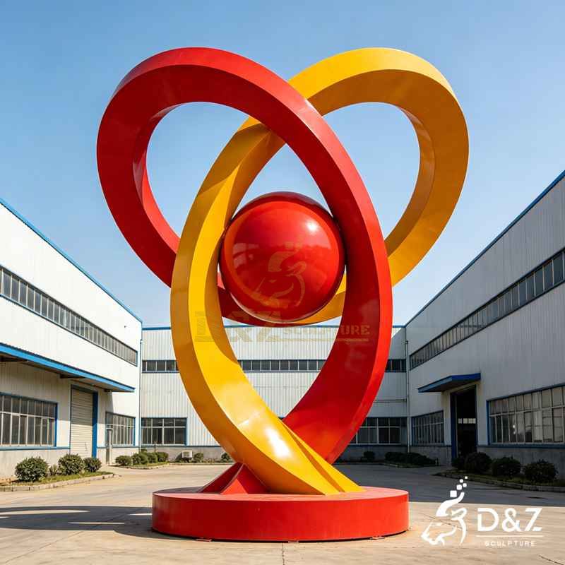 Large Intertwined Red and Yellow Metal Ring Sculpture DZJ-667