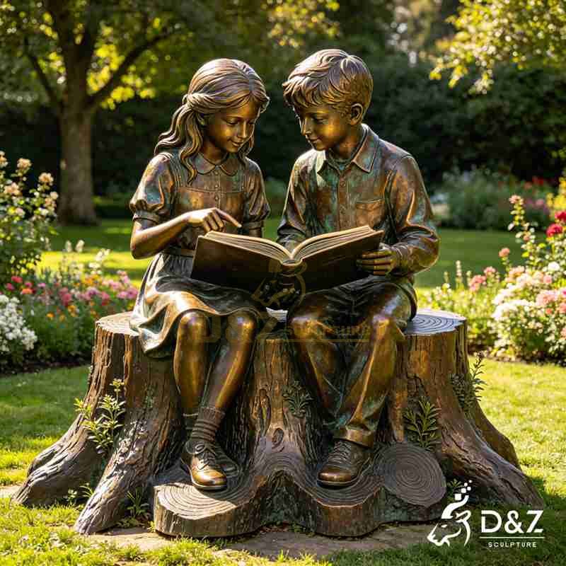 Large Bronze Boy and Girl Reading Statue on Tree Stump for Garden DZJ-720