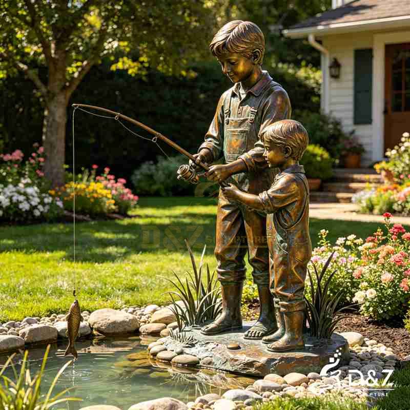 bronze boy fishing statue