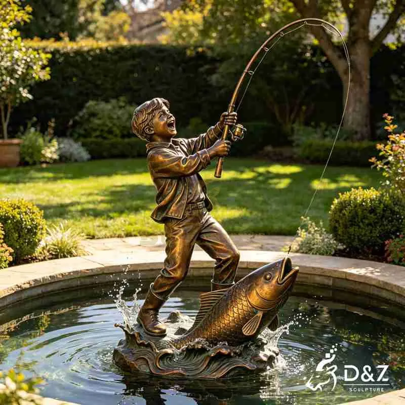 Large Bronze Boy Fishing Statue for Pond DZJ-723