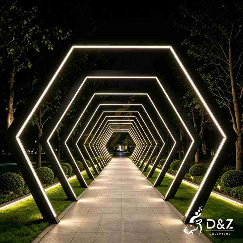 Black Geometric Metal LED Light Tunnel Sculpture for Outdoor DZJ-755