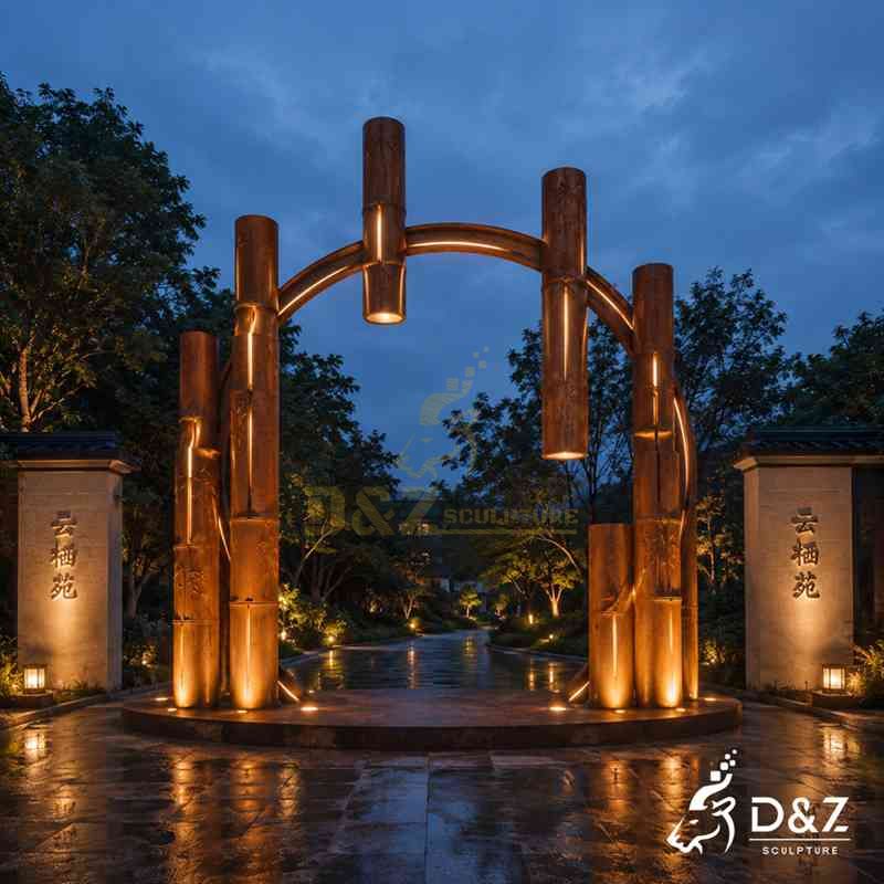 Large Corten Steel Vintage Bamboo Floor Lamp for Outdoor DZJ-757
