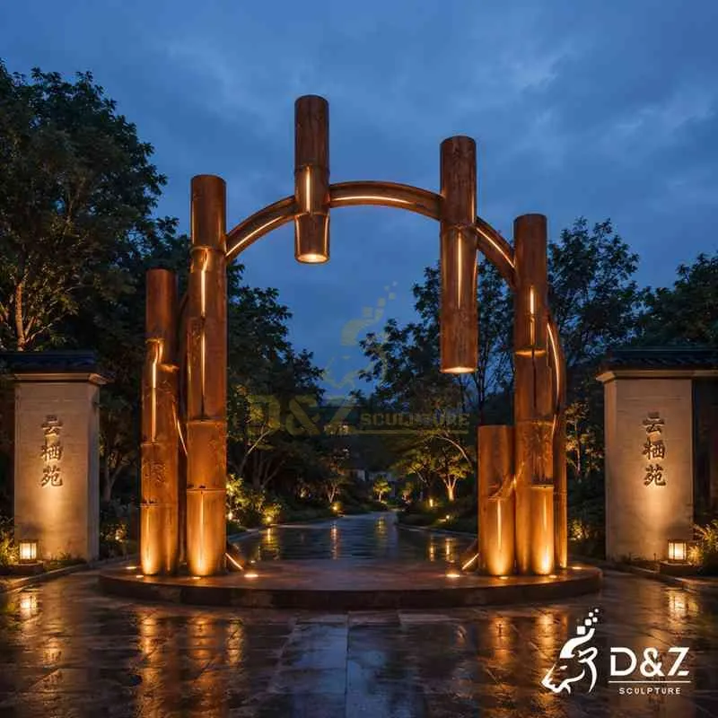 Large Corten Steel Vintage Bamboo Floor Lamp for Outdoor DZJ-757