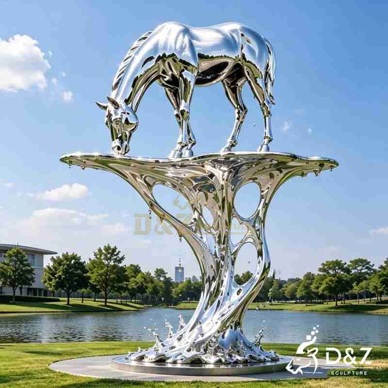 Large Metal Horse Drinking Water Sculpture with Water Splash Design DZJ-781