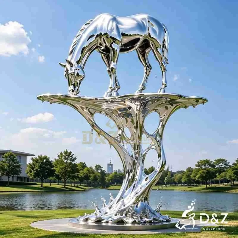 Large Metal Horse Drinking Water Sculpture with Water Splash Design DZJ-781