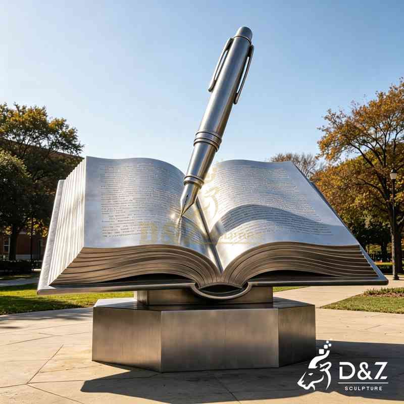 Large Stainless Steel Open Book Sculpture with Pen Design DZJ-788