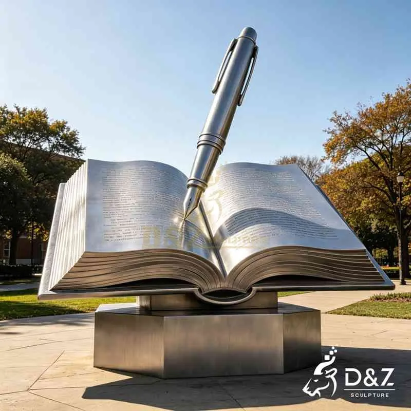 Large Stainless Steel Open Book Sculpture with Pen Design DZJ-788