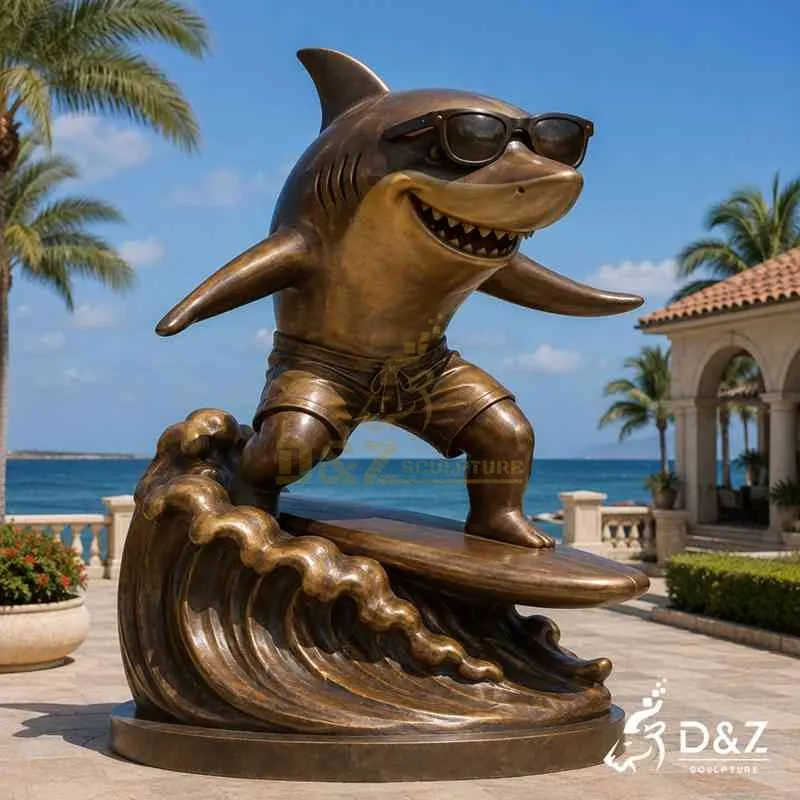 Cartoon Smiling Surfing Bronze Shark Statue for Sale DZJ-801