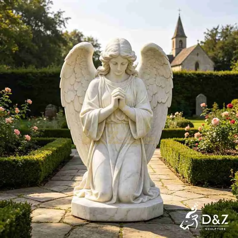 Kneeling Praying Angel Statue | White Marble Memorial Art DZJ-834