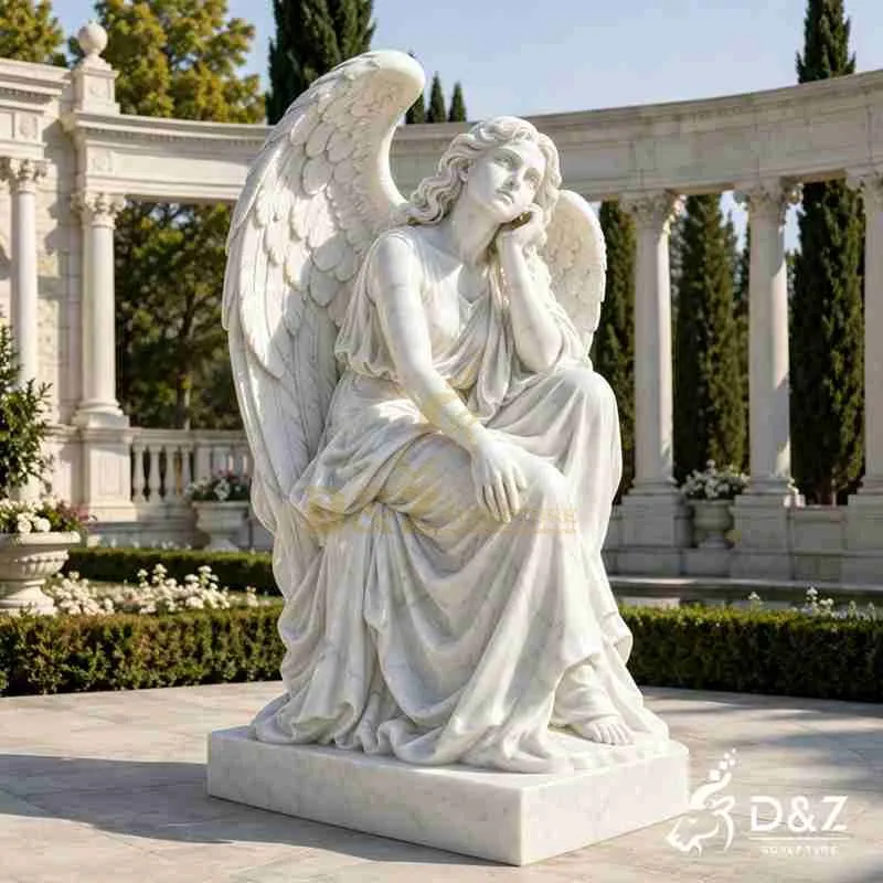 Large White Marble Sitting Angel Statue | Garden and Memorial Art DZJ-838