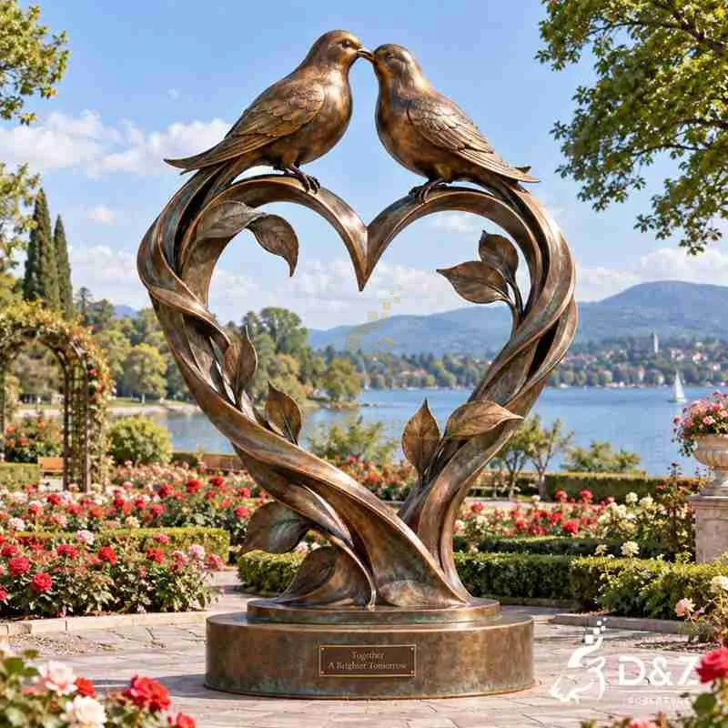 Love Birds Sculpture | Large Bronze Heart Garden Art DZJ-855