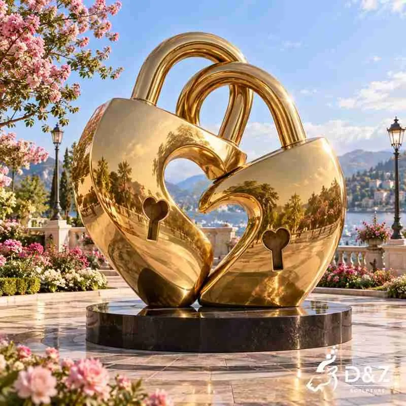 Love Lock Sculpture | Large Golden Metal Love Art DZJ-861