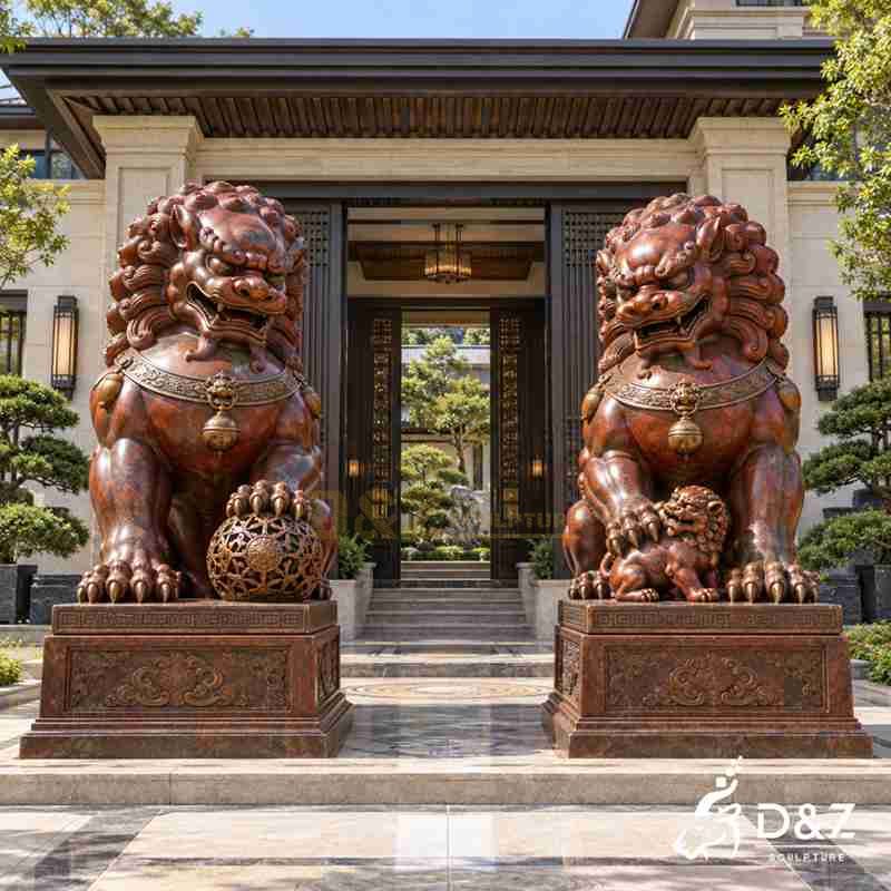 Red Foo Dog Statue | Custom Bronze Guardian Lions DZJ-870