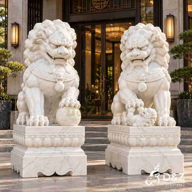 Marble Foo Dog Statues | Custom White Guardian Lions DZJ-874