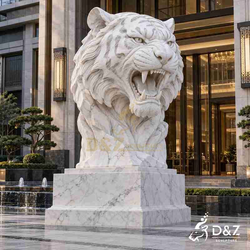 Large White Tiger Head Statue | Hand-Carved Marble Art DZJ-882