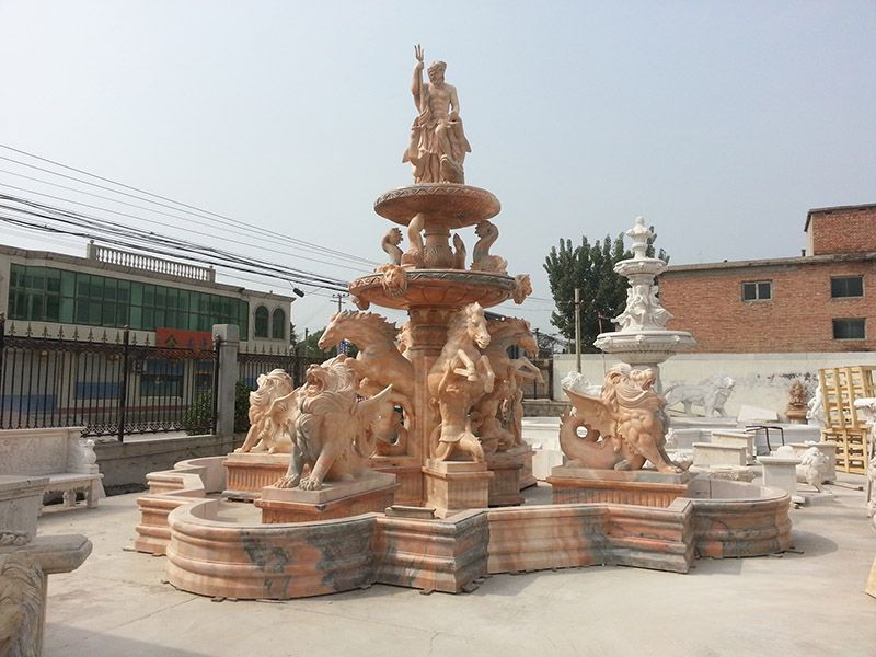 Large Cloudy Rosa Marble Fountain with Lion Horse and Poseidon Statues