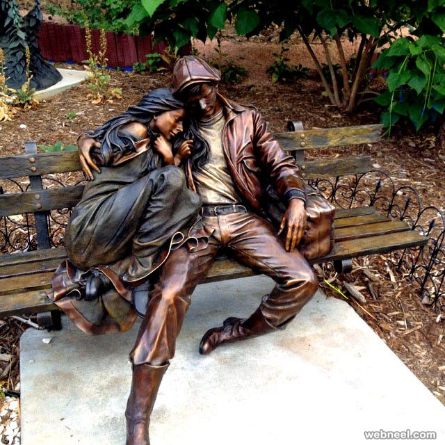 bronze garden sculpture figure decoration Metal craft Garden Life Size Bronze Sitting Young Couple statue On Bench