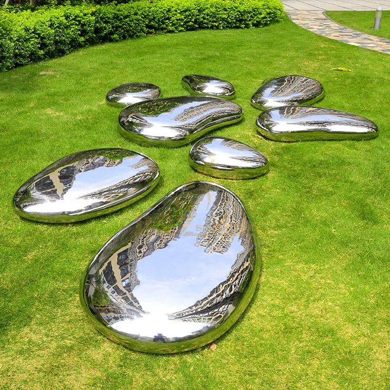 Garden Decor Large Metal Art Abstract Outdoor Mirror Polished Rock Stainless Steel Stones Sculpture