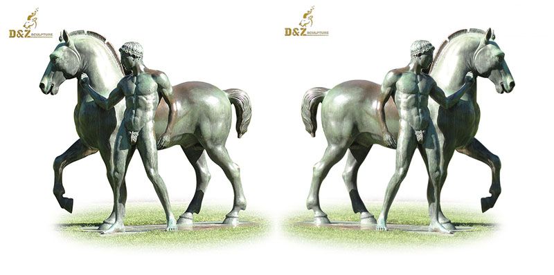 Muscular man bronze horse sculpture