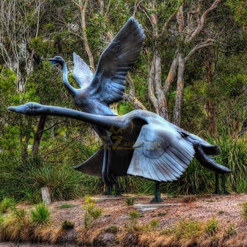 Outdoor bronze flying swan garden bird statue