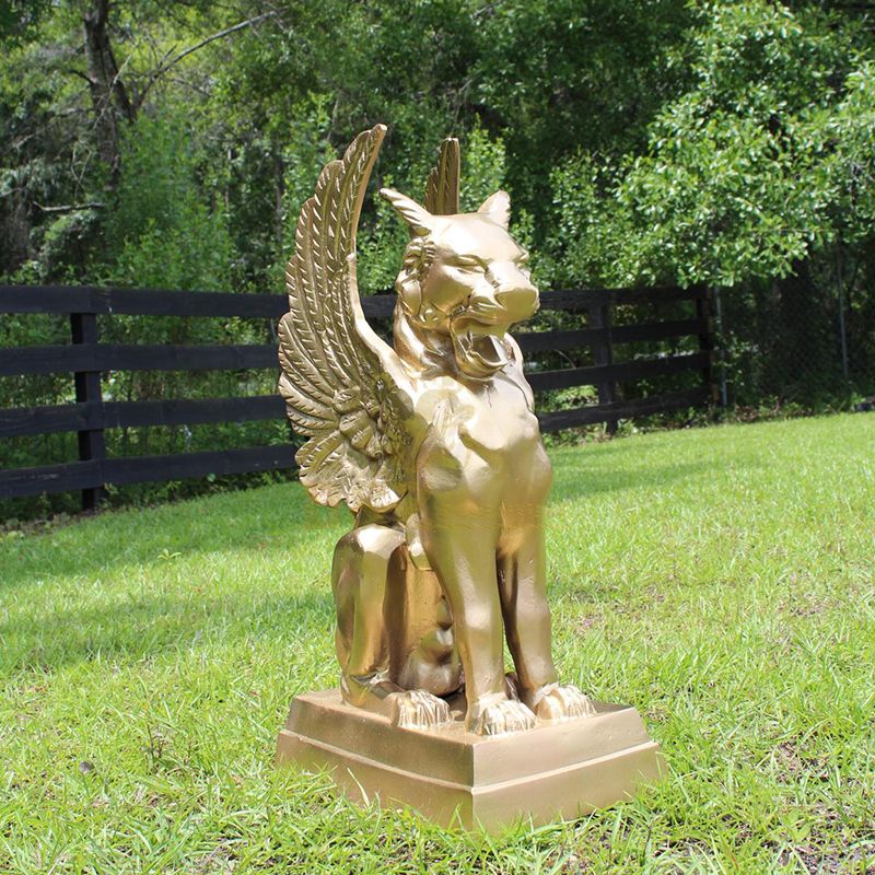 Gargoyle Griffin Statues in Gold Finish with Wings Cat Face Sculptures