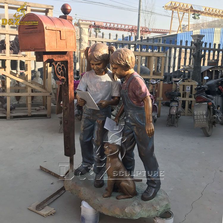 Bronze boy and girl with dog mailbox statue for garden