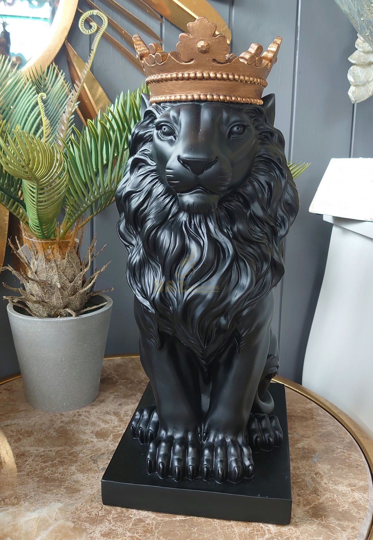 Black Lion Statue with Gold Crown for sale