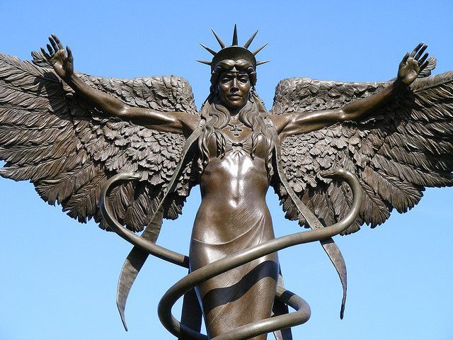 Large outdoor bronze Caduceus angel statue