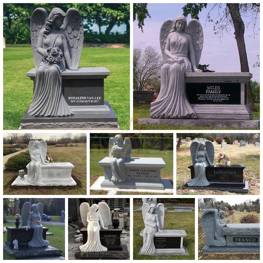 tombstones with angels on bench