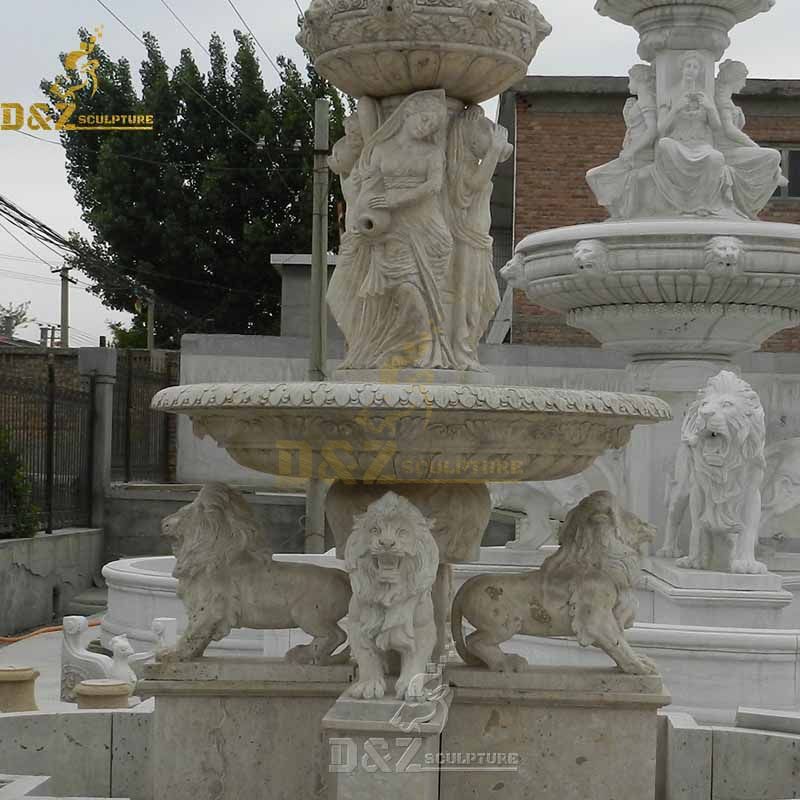 beautiful garden sex girl and lion stone water fountain