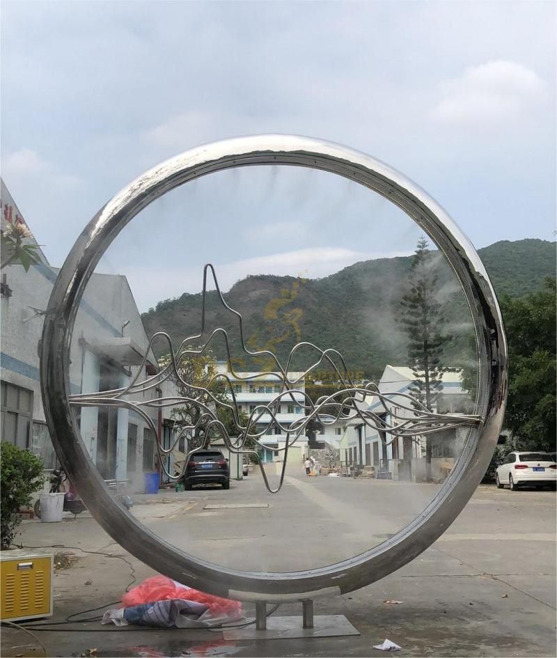 Large circular metal abstract modern outdoor fountain with led lights and spray for sale DZ-82