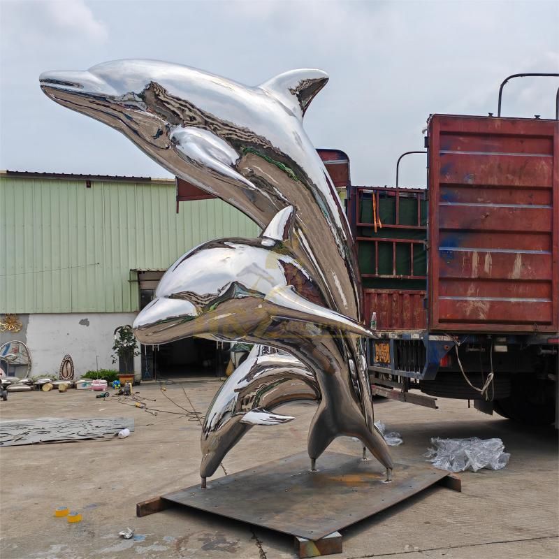 Large outdoor stainless steel dolphin metal statue - shining mirror art DZ-119